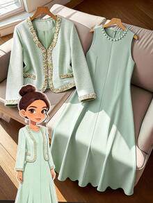 GlowEve CURVE Bộ 2 món dành cho nữ cỡ lớn, thanh lịch, màu đen phối ngọc trai, cổ chữ V tay dài và váy maxi cổ tròn đính ngọc trai, thích hợp cho mùa thu/đông, đi làm, dự tiệc. - Màu xanh Bạc hà - Xem 1