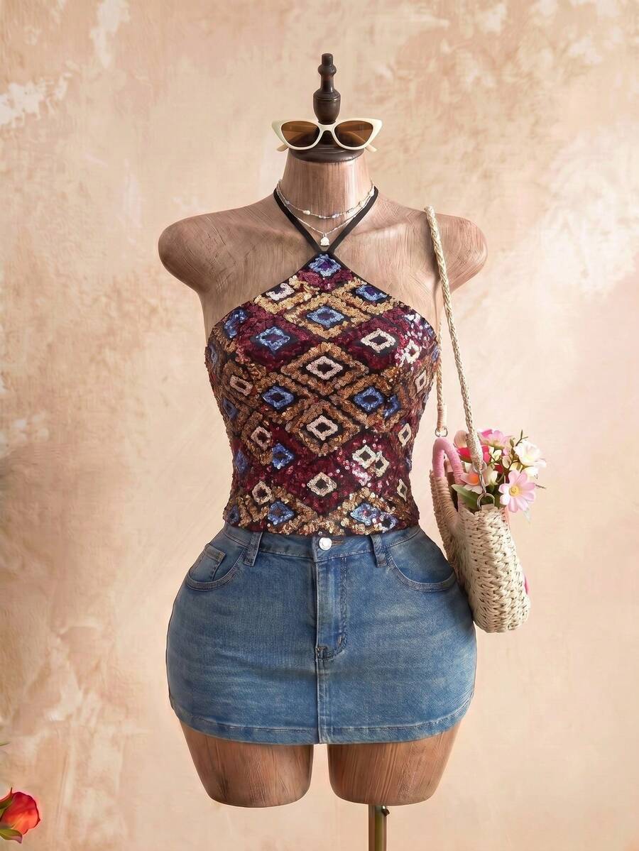 SHEIN PETITE 女士时尚精致串珠露背吊带背心，适合约会和音乐节穿着 - 黑色 - 查看 1