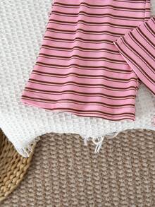 SHEIN 少女極簡條紋短袖T恤與長褲套裝 - 粉色 - 查看 5