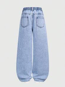 SHEIN Girls' Oversized Loose Fit Straight Leg Jeans,Light Blue Washed Cotton With Embroidered Butterfly Decor,Cute Summer Back-To-School Jeans For School - Light Wash - View 2