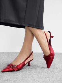 CUCCOO BIZCHIC Women's Pointed Toe Sexy Back Strap Buckle Low Vamp Spring Shoes Commuter Versatile Kitten Heel Stiletto Women's Shoes PU Glossy - Crimson - View 4