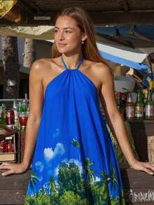 Swim Vcay Tropical Print Halter Backless A-Line Dress, Elegant Beach Vacation Casual Dress Party - Royal Blue - View 4