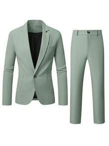 Manfinity Mode Men's Solid Lapel Collar Casual Suit Set, Spring/Summer, Formal - Green - View 3