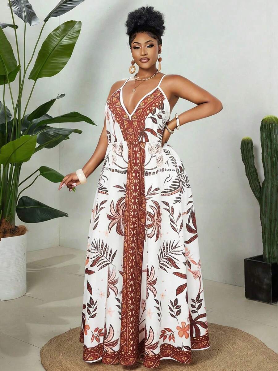 Maweii Gaun Kasual Ukuran Besar untuk Liburan, Motif Bunga, Leher Halter, Warna Cokelat untuk Olahraga Musim Panas - MultiWarna - View 1