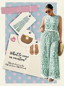 Dripcurv Bộ đồ hai mảnh mùa hè màu xanh trắng dành cho nữ cỡ lớn, gồm áo tank top và quần dài, áo tank top họa tiết hoa, áo kiểu họa tiết hoa, bộ đồ thường ngày đi nghỉ mát, trang phục mùa xuân, trang phục đi nghỉ lễ, váy xanh đi biển, trang phục phong cách đồng quê. - màu xanh lá - Xem 3