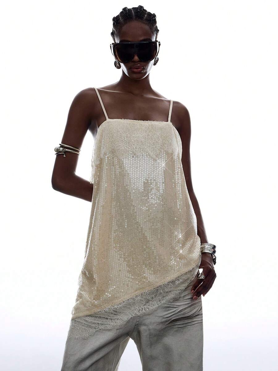 LYSMO Áo camisole nữ phối ren, đính sequin, kiểu dáng thường ngày, đa năng. - Màu be - Xem 1