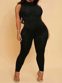SHEIN SXY Plus Size Summer Sleeveless Tight Jumpsuit, Casual & Minimalist - Black - View 5