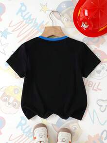 SHEIN | PAW Patrol Áo thun tay ngắn cổ tròn, viền tương phản, in chữ và hình chó, phong cách thường ngày, dành cho bé trai, mùa hè. - màu đen - Xem 3