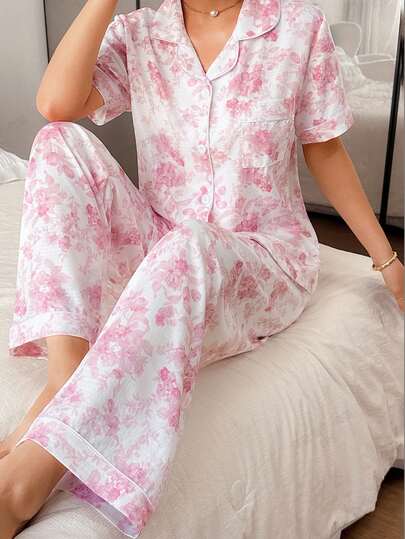 SHEIN Bubble Wrinkle Floral Print Short Sleeve Pajama Set