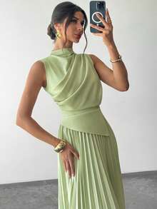 Vestido elegante de mujer verde salvia para invitada de boda de verano, sin mangas con volantes, cuello swing, línea A, estilo Old Money, vestido tipo paraguas para fiesta y oficina - Negro - Ver 10