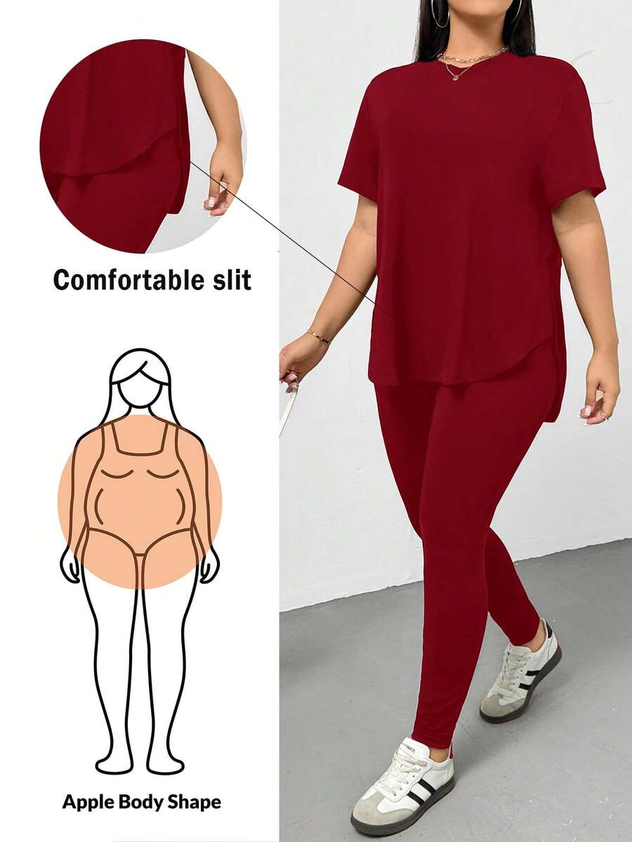 Shapeblank Bộ đồ thể thao nữ cỡ lớn mùa xuân hè, thoải mái, cơ bản, đa năng, tôn dáng, gồm áo thun ngắn tay và quần legging màu đen, set hai mảnh, trang phục đường phố, trang phục sân bay, trang phục mùa hè cho nữ, trang phục đi chơi, phong cách Y2K, phong cách tối giản, trang phục đi nhà thờ cho nữ. - Đỏ - Xem 1