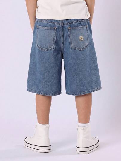 SHEIN Pantaloni scurți din denim albastru, croială lejeră, pentru adolescenți