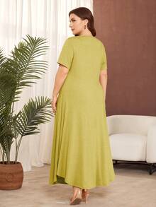 Lacomfia Plus Size Solid Color Short Sleeve Knit Casual Ruffle Hem Dress - Mustard Yellow - View 2