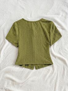Soleia Women's Fashion Casual Mesh Embroidered Bow Button New Short Sleeve Top,Summer Top - Green - View 2