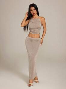 SHEIN PETITE Bộ đồ hai mảnh màu trơn, kiểu cổ yếm, dây mảnh, hở lưng, không tay, ôm sát. - Màu Khaki - Xem 4