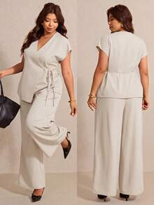 Elaquor Plus Size Summer Casual Commuter Tie-Wrap Suit Jacket And Pants Set - Apricot - View 1
