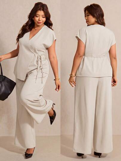 Elaquor Bộ vest mùa hè dáng rộng, thoải mái, kiểu thắt nơ, gồm áo khoác và quần, thích hợp đi làm.