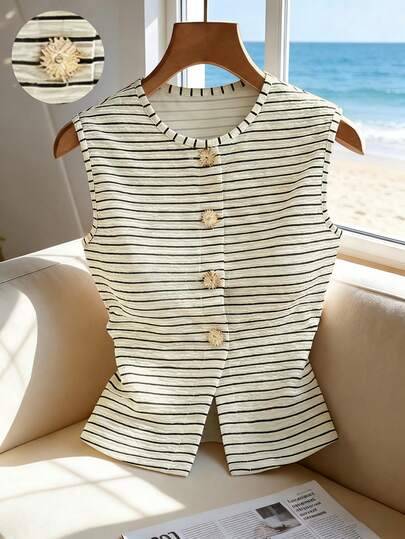 SHEIN Franclia Elegant Versatile Fashion Elegant Striped Knit Commute Office Date Party Casual Round Neck Sleeveless Metal Decor Button Tank Top