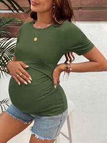 SHEIN Maternity Solid Color Round Neck Short Sleeve Nursing Top - Army Green - View 3