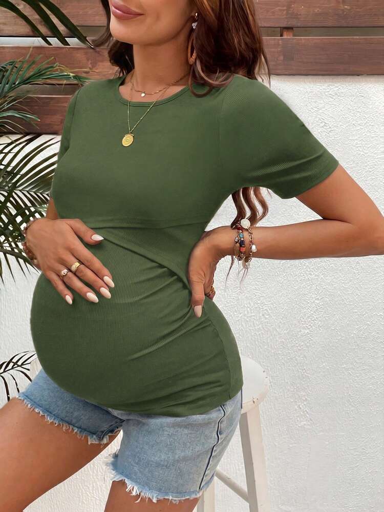SHEIN 孕妇纯色圆领短袖哺乳上衣 - 軍綠色 - 查看 3