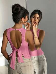 Aloruh Women's Casual Crew Neck Sleeveless Textured Knit Cropped Tank Top In White,Summer Top - Baby Pink - View 7