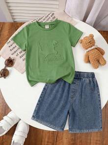 SHEIN Little Byeori 2件套儿童/青少年男童休闲百搭舒适圆领宽松短袖针织T恤和牛仔短裤套装，适合返校穿着 - 彩色 - 查看 5