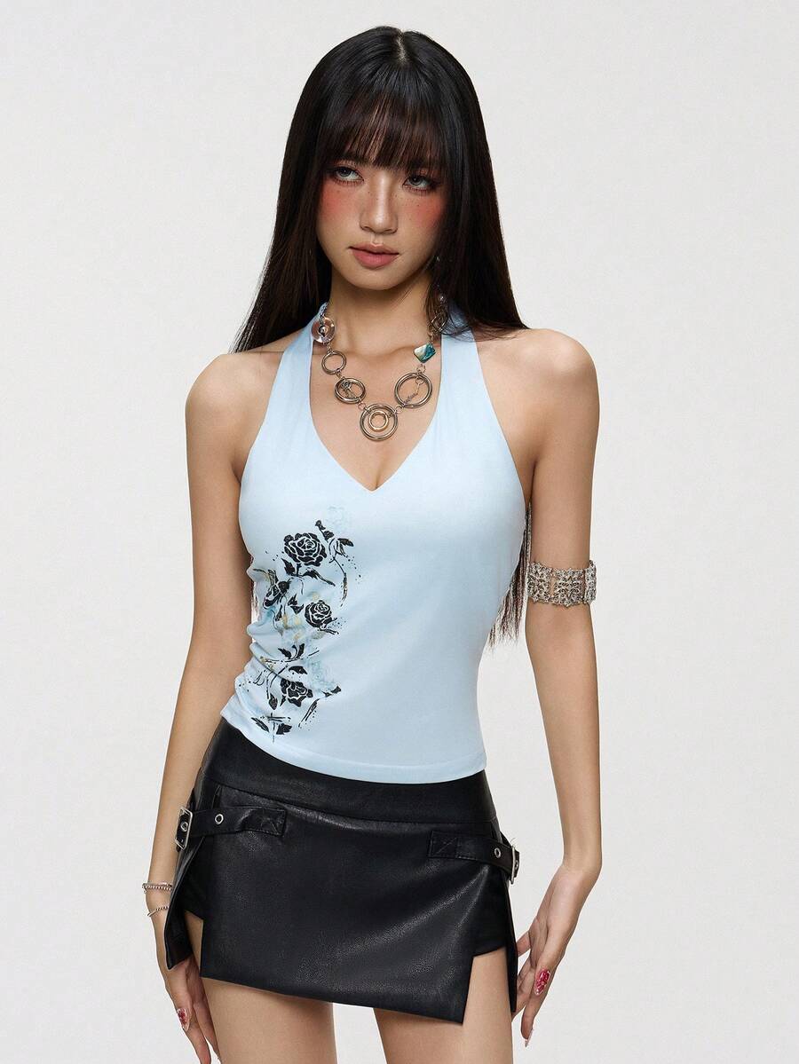 INAWLY Vintage Y2k American Style Light Blue Rose Print Spaghetti Strap Camisole Top For Women Night Out Summer - Blue - View 1