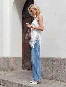 SHEIN ICON 女士仿丝绸和白色蕾丝高弹力优雅上衣，通勤、甜美、休闲和派对的完美之选，带来精致而轻松的感觉。 - 米色 - 查看 5