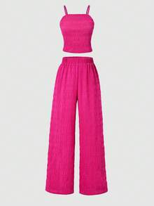 Conjunto de top de tirantes bohemio con estampado floral + pantalones rectos holgados + chaleco tejido para niñas preadolescentes de vacaciones - Rosa Fucsia - Ver 4