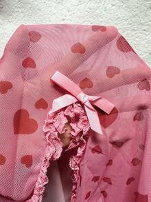 DelicateAllure Áo ngủ nữ gợi cảm ren in hình trái tim, viền ren và bèo nhún, dây mảnh. - Hồng - Xem 6