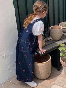 Dazy Kids Quần yếm và áo liền quần denim wash in họa tiết toàn thân kiểu Hàn Quốc dễ thương cho bé gái, thích hợp cho mùa hè. - Màu xanh lam - Xem 1