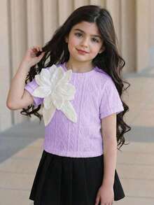 SHEIN Young Girl Solid Color Round Neck 3D Floral Casual Cute T-Shirt Party White Summer - Mauve Purple - View 8