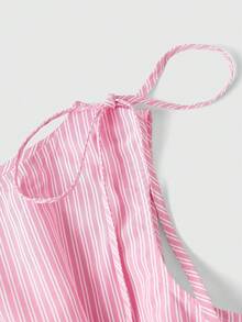 SHEIN MOD 女士夏季休闲度假甜美条纹印花系带露肩短款上衣和短裤两件套 - 粉色 - 查看 5