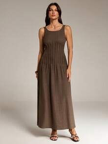 SHEIN Tall Summer New Style Waist Ruched Cinched Waist A-Line Long Dress For Women Brown Casual Brown - Brown - View 6