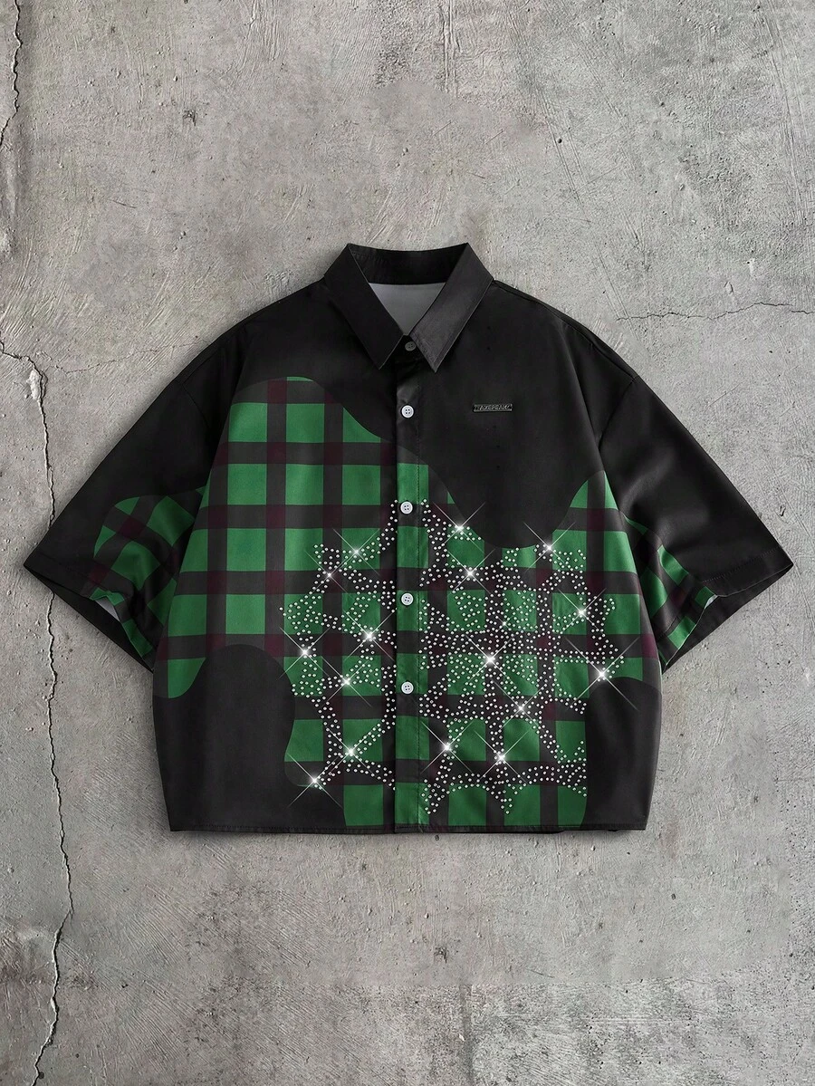 AXEPEAK Men's Fashion Resort Plaid Rhinestone Glitter Detail Single-Breasted Short Sleeve Shirt