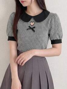 FRIFUL Women's Patchwork Peter Pan Collar Short Sleeve Fitted Casual T-Shirt, Versatile For Spring & Summer Plaid - Black - View 5