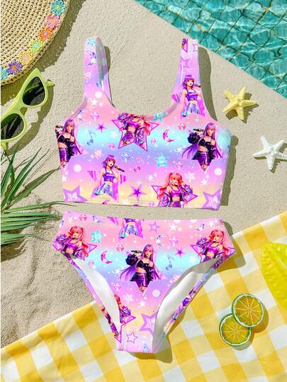 Tween Girl Cartoon Girl With K-Pop Theme, Colorful, K-Pop Superstars , Swimsuit With Printed Pattern, Tankini And Bottoms Set, Suitable For Summer
