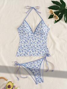 Swim Mod Bộ đồ hai mảnh họa tiết hoa nhí dành cho nữ, thích hợp cho kỳ nghỉ hè, đi biển, bao gồm áo hai dây, áo bikini có dây đeo cổ và quần bơi buộc dây kẻ sọc. - Màu xanh lam - Xem 4