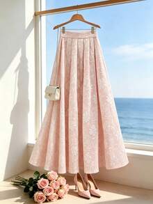 Franclia Summer Pink Floral Elegant Vacation Holiday French Gentle High Waist Embossed Midi Skirt,Pleated Flared A-Line Umbrella Fairy Long Skirts - Pink - View 6