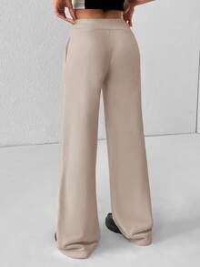 SHEIN PETITE Comfortable And Casual Plain Knitted Low-Rise Wide-Leg Women's Sweatpants - Camel - View 2