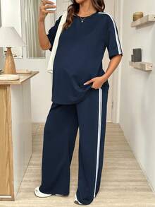 SHEIN 2pcs/Set Maternity Patchwork Round Neck Top And Adjustable Waist Wide Leg Pants, Casual Daily Wear - Blue - View 3