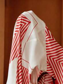 Anewsta Striped Flare Sleeve Tie Waist Design Women Long Dress - Red - View 8