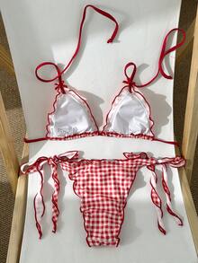 Swim Mod 2026年热销两件套女士比基尼套装，复古浪漫优雅成熟时尚沙滩泳装，侧边系带，收腰提胸，随机红白条纹印花，波西米亚海滩俱乐部风格，适合春夏度假邮轮旅行沙滩日光浴，女士比基尼套装，格纹假日比基尼 - 紅白色 - 查看 5