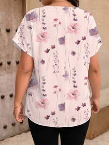 EMERY ROSE Random Geometric Pattern Plus Size Women's Shirt Office Pink Floral Summer Elegant - Multicolor - View 2