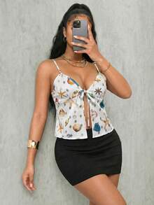 Eryvara Women's Summer Vacation Shell Print Front Tie Camisole - Apricot - View 3