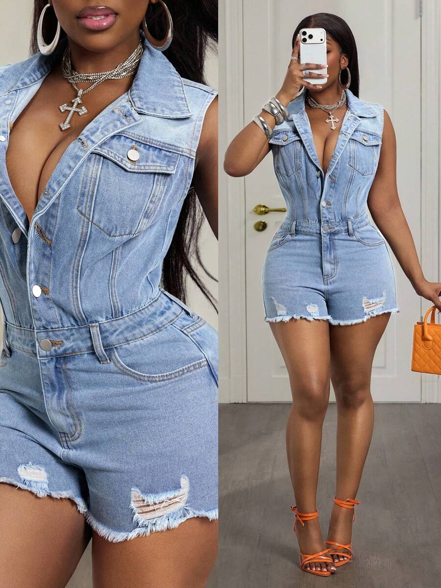 BamGleam Cowgirl Style Light Blue Sleeveless Denim Jumpsuit, Summer Outfit For Coachella Music Festival, Party Night Out, Workwear - Light Wash - View 1