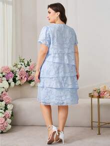 Reflora Plus Size Solid Color Round Neck Elegant Short Sleeve Dress, Summer - Baby Blue - View 2