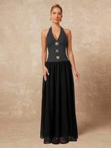 Lumalex Black White Polka Dot Halter Maxi Dress,Summer Elegant Party Day Party Night Gown,Deep V Neck Starfish Shell Embellished Chiffon Backless Dress - Black - View 8