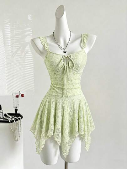 Sweetra Women's Front Tie Lace Ruffle Mini Dress
