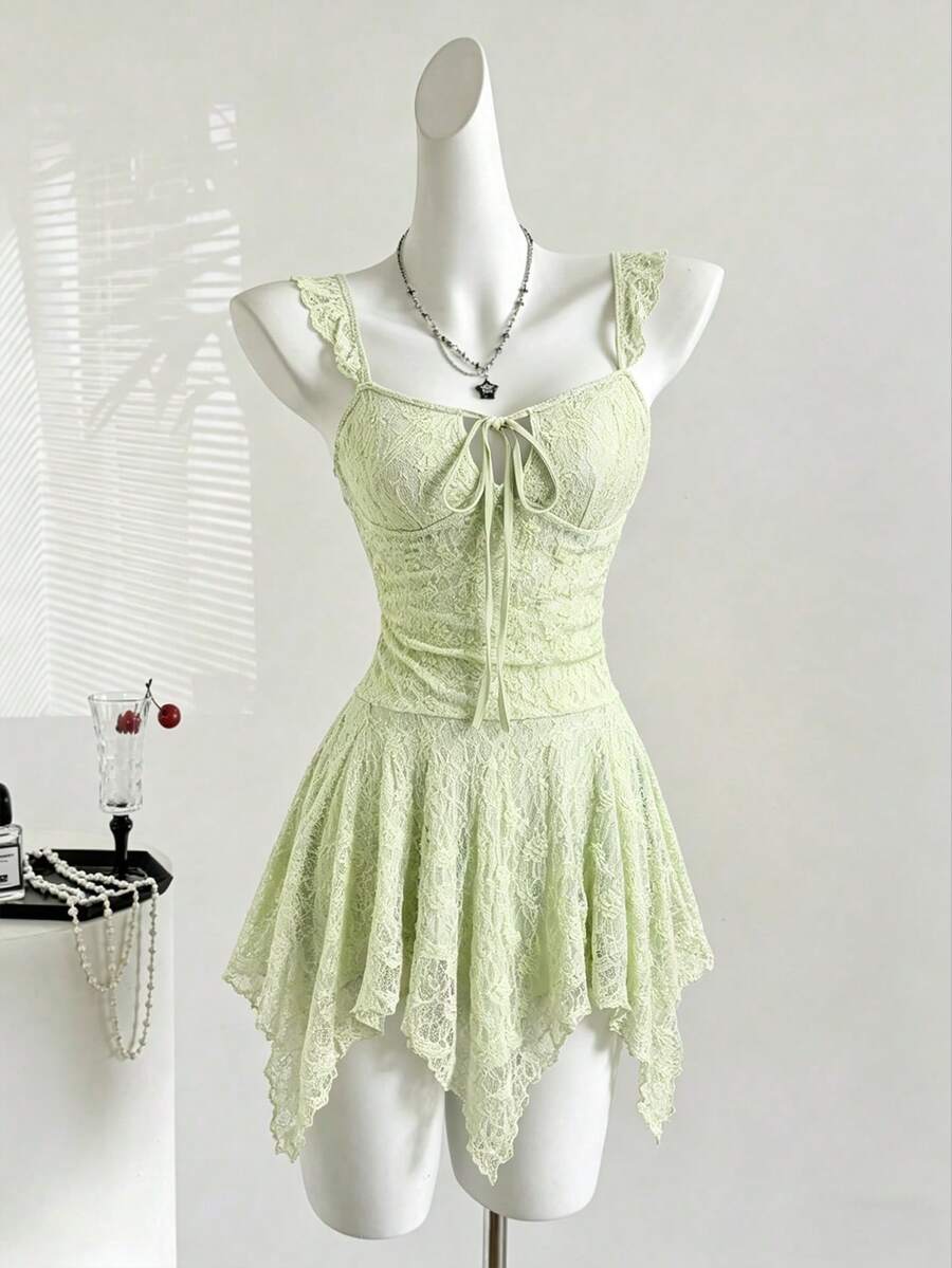 SHEIN Sweetro Đầm ngắn ren xếp ly thắt nơ phía trước dành cho nữ - màu xanh lá - Xem 1